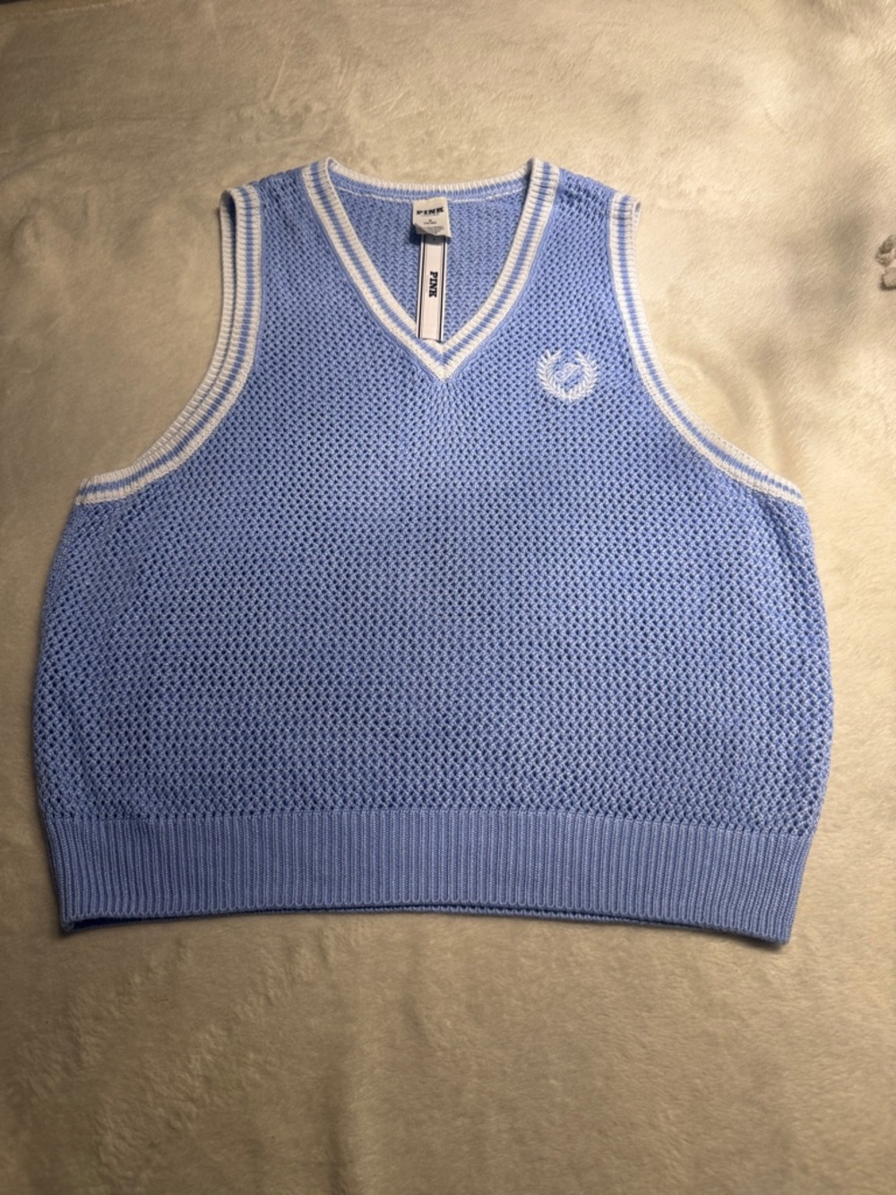 PINK Victoria's Secret Light Blue Open-Knit V-Neck Sweater Vest with White Trim